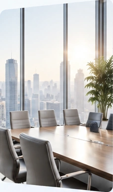 A bright boardroom overlooking the city